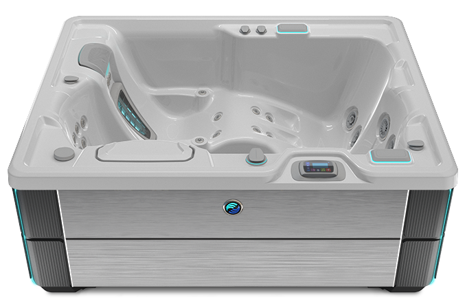 HotSpring JetSetter LX spa in Ice Gray met Brushed Nickel omkasting, luxe 3-persoons buitenspa