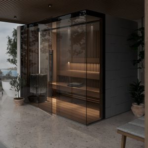 Tylö Sauna Reflection 180x180 RIB ALD sauna met rib-afwerking en warme houten uitstraling in een wellnessruimte.